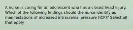 A nurse is caring for an adolescent who has a closed head injury. Which of the following findings should the nurse identify as manifestations of increased intracranial pressure (ICP)? Select all that apply