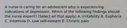 A nurse is caring for an adolescent who is experiencing indications of depression. Which of the following findings should the nurse expect? (Select all that apply) A. Irritability B. Euphoria C. Insomnia D. Low self-esteem E. Chronic pain