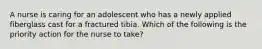 A nurse is caring for an adolescent who has a newly applied fiberglass cast for a fractured tibia. Which of the following is the priority action for the nurse to take?