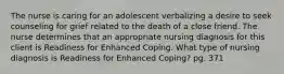 The nurse is caring for an adolescent verbalizing a desire to seek counseling for grief related to the death of a close friend. The nurse determines that an appropriate nursing diagnosis for this client is Readiness for Enhanced Coping. What type of nursing diagnosis is Readiness for Enhanced Coping? pg. 371