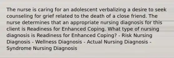 The nurse is caring for an adolescent verbalizing a desire to seek counseling for grief related to the death of a close friend. The nurse determines that an appropriate nursing diagnosis for this client is Readiness for Enhanced Coping. What type of nursing diagnosis is Readiness for Enhanced Coping? - Risk Nursing Diagnosis - Wellness Diagnosis - Actual Nursing Diagnosis - Syndrome Nursing Diagnosis