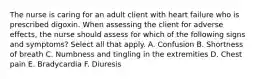 The nurse is caring for an adult client with heart failure who is prescribed digoxin. When assessing the client for adverse effects, the nurse should assess for which of the following signs and symptoms? Select all that apply. A. Confusion B. Shortness of breath C. Numbness and tingling in the extremities D. Chest pain E. Bradycardia F. Diuresis