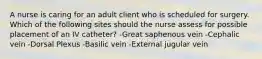 A nurse is caring for an adult client who is scheduled for surgery. Which of the following sites should the nurse assess for possible placement of an IV catheter? -Great saphenous vein -Cephalic vein -Dorsal Plexus -Basilic vein -External jugular vein