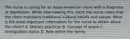 The nurse is caring for an Asian-American client with a diagnosis of depression. While interviewing this client the nurse notes that the client maintains traditional cultural beliefs and values. What is the most important information for the nurse to obtain about the client? A. Dietary practices B. Concept of space C. Immigration status D. Role within the family