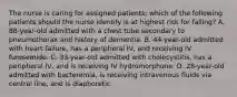 The nurse is caring for assigned patients; which of the following patients should the nurse identify is at highest risk for falling? A. 88-year-old admitted with a chest tube secondary to pneumothorax and history of dementia. B. 44-year-old admitted with heart failure, has a peripheral IV, and receiving IV furosemide. C. 33-year-old admitted with cholecystitis, has a peripheral IV, and is receiving IV hydromorphone. D. 28-year-old admitted with bacteremia, is receiving intravenous fluids via central line, and is diaphoretic.