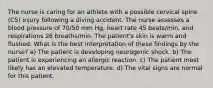 The nurse is caring for an athlete with a possible cervical spine (C5) injury following a diving accident. The nurse assesses a blood pressure of 70/50 mm Hg, heart rate 45 beats/min, and respirations 26 breaths/min. The patient's skin is warm and flushed. What is the best interpretation of these findings by the nurse? a) The patient is developing neurogenic shock. b) The patient is experiencing an allergic reaction. c) The patient most likely has an elevated temperature. d) The vital signs are normal for this patient.