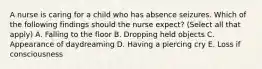 A nurse is caring for a child who has absence seizures. Which of the following findings should the nurse expect? (Select all that apply) A. Falling to the floor B. Dropping held objects C. Appearance of daydreaming D. Having a piercing cry E. Loss if consciousness