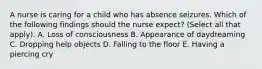 A nurse is caring for a child who has absence seizures. Which of the following findings should the nurse expect? (Select all that apply). A. Loss of consciousness B. Appearance of daydreaming C. Dropping help objects D. Falling to the floor E. Having a piercing cry