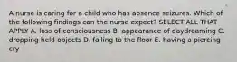 A nurse is caring for a child who has absence seizures. Which of the following findings can the nurse expect? SELECT ALL THAT APPLY A. loss of consciousness B. appearance of daydreaming C. dropping held objects D. falling to the floor E. having a piercing cry