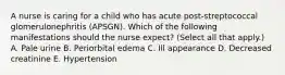 A nurse is caring for a child who has acute post-streptococcal glomerulonephritis (APSGN). Which of the following manifestations should the nurse expect? (Select all that apply.) A. Pale urine B. Periorbital edema C. Ill appearance D. Decreased creatinine E. Hypertension