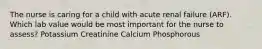 The nurse is caring for a child with acute renal failure (ARF). Which lab value would be most important for the nurse to assess? Potassium Creatinine Calcium Phosphorous