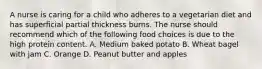 A nurse is caring for a child who adheres to a vegetarian diet and has superficial partial thickness burns. The nurse should recommend which of the following food choices is due to the high protein content. A. Medium baked potato B. Wheat bagel with jam C. Orange D. Peanut butter and apples