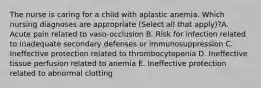 The nurse is caring for a child with aplastic anemia. Which nursing diagnoses are appropriate (Select all that apply)?A. Acute pain related to vaso-occlusion B. Risk for infection related to inadequate secondary defenses or immunosuppression C. Ineffective protection related to thrombocytopenia D. Ineffective tissue perfusion related to anemia E. Ineffective protection related to abnormal clotting