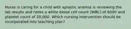 Nurse is caring for a child with aplastic anemia is reviewing the lab results and notes a white blood cell count (WBC) of 6000 and platelet count of 20,000. Which nursing intervention should be incorporated into teaching plan?