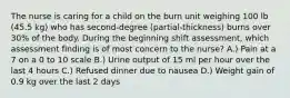 The nurse is caring for a child on the burn unit weighing 100 lb (45.5 kg) who has second-degree (partial-thickness) burns over 30% of the body. During the beginning shift assessment, which assessment finding is of most concern to the nurse? A.) Pain at a 7 on a 0 to 10 scale B.) Urine output of 15 ml per hour over the last 4 hours C.) Refused dinner due to nausea D.) Weight gain of 0.9 kg over the last 2 days