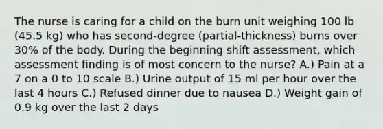 The nurse is caring for a child on the burn unit weighing 100 lb (45.5 kg) who has second-degree (partial-thickness) burns over 30% of the body. During the beginning shift assessment, which assessment finding is of most concern to the nurse? A.) Pain at a 7 on a 0 to 10 scale B.) Urine output of 15 ml per hour over the last 4 hours C.) Refused dinner due to nausea D.) Weight gain of 0.9 kg over the last 2 days