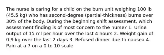 The nurse is caring for a child on the burn unit weighing 100 lb (45.5 kg) who has second-degree (partial-thickness) burns over 30% of the body. During the beginning shift assessment, which assessment finding is of most concern to the nurse? 1. Urine output of 15 ml per hour over the last 4 hours 2. Weight gain of 0.9 kg over the last 2 days 3. Refused dinner due to nausea 4. Pain at a 7 on a 0 to 10 scale