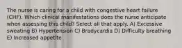 The nurse is caring for a child with congestive heart failure (CHF). Which clinical manifestations does the nurse anticipate when assessing this child? Select all that apply. A) Excessive sweating B) Hypertension C) Bradycardia D) Difficulty breathing E) Increased appetite