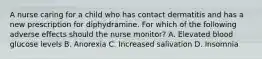 A nurse caring for a child who has contact dermatitis and has a new prescription for diphydramine. For which of the following adverse effects should the nurse monitor? A. Elevated blood glucose levels B. Anorexia C. Increased salivation D. Insomnia