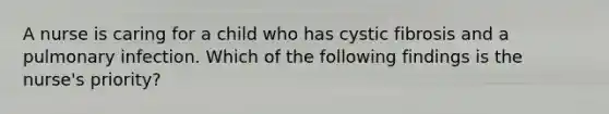 A nurse is caring for a child who has cystic fibrosis and a pulmonary infection. Which of the following findings is the nurse's priority?