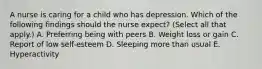 A nurse is caring for a child who has depression. Which of the following findings should the nurse expect? (Select all that apply.) A. Preferring being with peers B. Weight loss or gain C. Report of low self-esteem D. Sleeping more than usual E. Hyperactivity