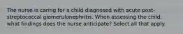 The nurse is caring for a child diagnosed with acute post-streptococcal glomerulonephritis. When assessing the child, what findings does the nurse anticipate? Select all that apply.