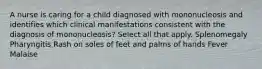 A nurse is caring for a child diagnosed with mononucleosis and identifies which clinical manifestations consistent with the diagnosis of mononucleosis? Select all that apply. Splenomegaly Pharyngitis Rash on soles of feet and palms of hands Fever Malaise