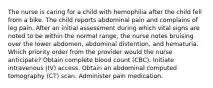 The nurse is caring for a child with hemophilia after the child fell from a bike. The child reports abdominal pain and complains of leg pain. After an initial assessment during which vital signs are noted to be within the normal range, the nurse notes bruising over the lower abdomen, abdominal distention, and hematuria. Which priority order from the provider would the nurse anticipate? Obtain complete blood count (CBC). Initiate intravenous (IV) access. Obtain an abdominal computed tomography (CT) scan. Administer pain medication.