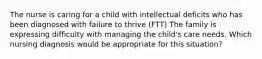 The nurse is caring for a child with intellectual deficits who has been diagnosed with failure to thrive (FTT) The family is expressing difficulty with managing the child's care needs. Which nursing diagnosis would be appropriate for this situation?