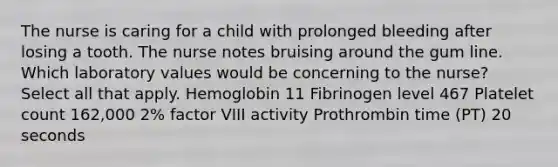 The nurse is caring for a child with prolonged bleeding after losing a tooth. The nurse notes bruising around the gum line. Which laboratory values would be concerning to the nurse? Select all that apply. Hemoglobin 11 Fibrinogen level 467 Platelet count 162,000 2% factor VIII activity Prothrombin time (PT) 20 seconds