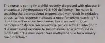 The nurse is caring for a child recently diagnosed with glucose-6-phosphate dehydrogenase (G-6-PD) deficiency. The nurse is teaching the parents about triggers that may result in oxidative stress. Which response indicates a need for further teaching? "I doubt he will ever eat fava beans, but they could trigger hemolysis." "My son can never take penicillin for an infection." "He must avoid exposure to naphthalene, an agent found in mothballs." "He must never take methylene blue for a urinary tract infection."