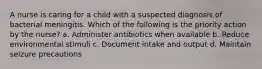 A nurse is caring for a child with a suspected diagnosis of bacterial meningitis. Which of the following is the priority action by the nurse? a. Administer antibiotics when available b. Reduce environmental stimuli c. Document intake and output d. Maintain seizure precautions