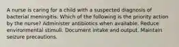 A nurse is caring for a child with a suspected diagnosis of bacterial meningitis. Which of the following is the priority action by the nurse? Administer antibiotics when available. Reduce environmental stimuli. Document intake and output. Maintain seizure precautions.