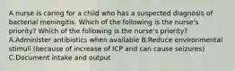 A nurse is caring for a child who has a suspected diagnosis of bacterial meningitis. Which of the following is the nurse's priority? Which of the following is the nurse's priority? A.Administer antibiotics when available B.Reduce environmental stimuli (because of increase of ICP and can cause seizures) C.Document intake and output