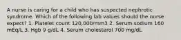 A nurse is caring for a child who has suspected nephrotic syndrome. Which of the following lab values should the nurse expect? 1. Platelet count 120,000/mm3 2. Serum sodium 160 mEq/L 3. Hgb 9 g/dL 4. Serum cholesterol 700 mg/dL