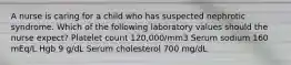 A nurse is caring for a child who has suspected nephrotic syndrome. Which of the following laboratory values should the nurse expect? Platelet count 120,000/mm3 Serum sodium 160 mEq/L Hgb 9 g/dL Serum cholesterol 700 mg/dL