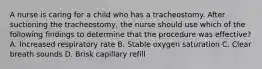 A nurse is caring for a child who has a tracheostomy. After suctioning the tracheostomy, the nurse should use which of the following findings to determine that the procedure was effective? A. Increased respiratory rate B. Stable oxygen saturation C. Clear breath sounds D. Brisk capillary refill