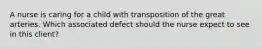 A nurse is caring for a child with transposition of the great arteries. Which associated defect should the nurse expect to see in this client?