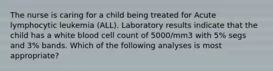 The nurse is caring for a child being treated for Acute lymphocytic leukemia (ALL). Laboratory results indicate that the child has a white blood cell count of 5000/mm3 with 5% segs and 3% bands. Which of the following analyses is most appropriate?