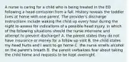 A nurse is caring for a child who is being treated in the ED following a head contusion from a fall. History reveals the toddler lives at home with one parent. The provider's discharge instructions include waking the child up every hour during the night to assess for indications of a possible head injury. In which of the following situations should the nurse intervene and attempt to prevent discharge? A. the parent states they do not have insurance or money for a follow up visit B. the child states my head hurts and I want to go home C. the nurse smells alcohol on the parent's breath D. the parent verbalizes fear about taking the child home and requests to be kept overnight