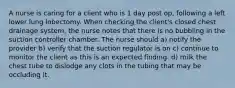 A nurse is caring for a client who is 1 day post op, following a left lower lung lobectomy. When checking the client's closed chest drainage system, the nurse notes that there is no bubbling in the suction controller chamber. The nurse should a) notify the provider b) verify that the suction regulator is on c) continue to monitor the client as this is an expected finding. d) milk the chest tube to dislodge any clots in the tubing that may be occluding it.