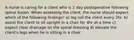 A nurse is caring for a client who is 1 day postoperative following spinal fusion. When assessing the client, the nurse should expect which of the following findings? a) log roll the client every 2hr. b) assist the client to sit upright in a chair for 4hr at a time c) expect clear drainage on the spinal dressing d) elevate the client's legs when he is sitting in a chair