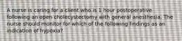 A nurse is caring for a client who is 1 hour postoperative following an open cholecystectomy with general anesthesia. The nurse should monitor for which of the following findings as an indication of hypoxia?