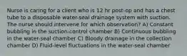 Nurse is caring for a client who is 12 hr post-op and has a chest tube to a disposable water-seal drainage system with suction. The nurse should intervene for which observation? A) Constant bubbling in the suction-control chamber B) Continuous bubbling in the water-seal chamber C) Bloody drainage in the collection chamber D) Fluid-level fluctuations in the water-seal chamber