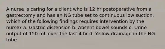 A nurse is caring for a client who is 12 hr postoperative from a gastrectomy and has an NG tube set to continuous low suction. Which of the following findings requires intervention by the nurse? a. Gastric distension b. Absent bowel sounds c. Urine output of 150 mL over the last 4 hr d. Yellow drainage in the NG tube