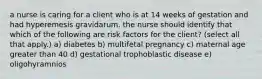 a nurse is caring for a client who is at 14 weeks of gestation and had hyperemesis gravidarum. the nurse should identify that which of the following are risk factors for the client? (select all that apply.) a) diabetes b) multifetal pregnancy c) maternal age greater than 40 d) gestational trophoblastic disease e) oligohyramnios