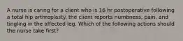 A nurse is caring for a client who is 16 hr postoperative following a total hip arthroplasty. the client reports numbness, pain, and tingling in the affected leg. Which of the following actions should the nurse take first?