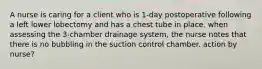 A nurse is caring for a client who is 1-day postoperative following a left lower lobectomy and has a chest tube in place. when assessing the 3-chamber drainage system, the nurse notes that there is no bubbling in the suction control chamber. action by nurse?