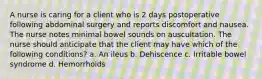 A nurse is caring for a client who is 2 days postoperative following abdominal surgery and reports discomfort and nausea. The nurse notes minimal bowel sounds on auscultation. The nurse should anticipate that the client may have which of the following conditions? a. An ileus b. Dehiscence c. Irritable bowel syndrome d. Hemorrhoids