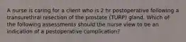 A nurse is caring for a client who is 2 hr postoperative following a transurethral resection of the prostate (TURP) gland. Which of the following assessments should the nurse view to be an indication of a postoperative complication?